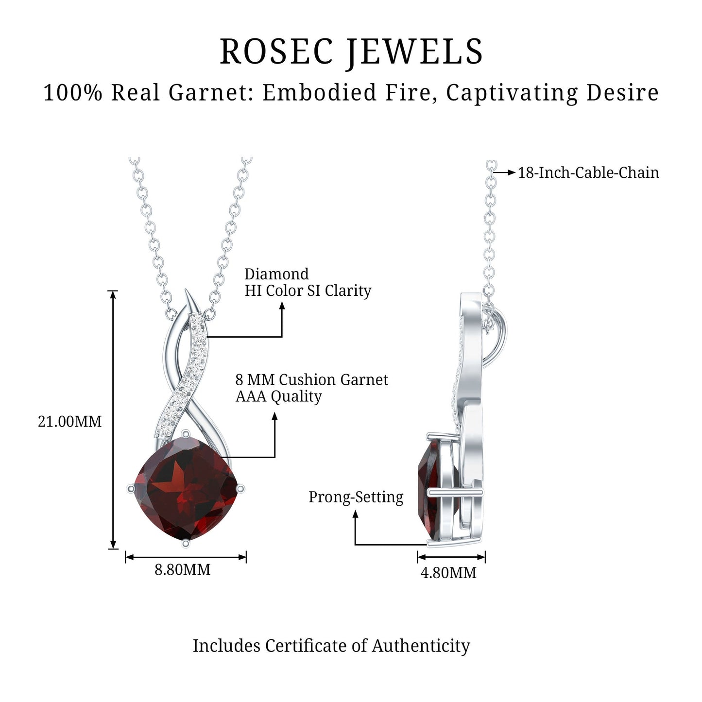 3.2 Carat Cushion Garnet Drop Infinity Necklace with Diamond
