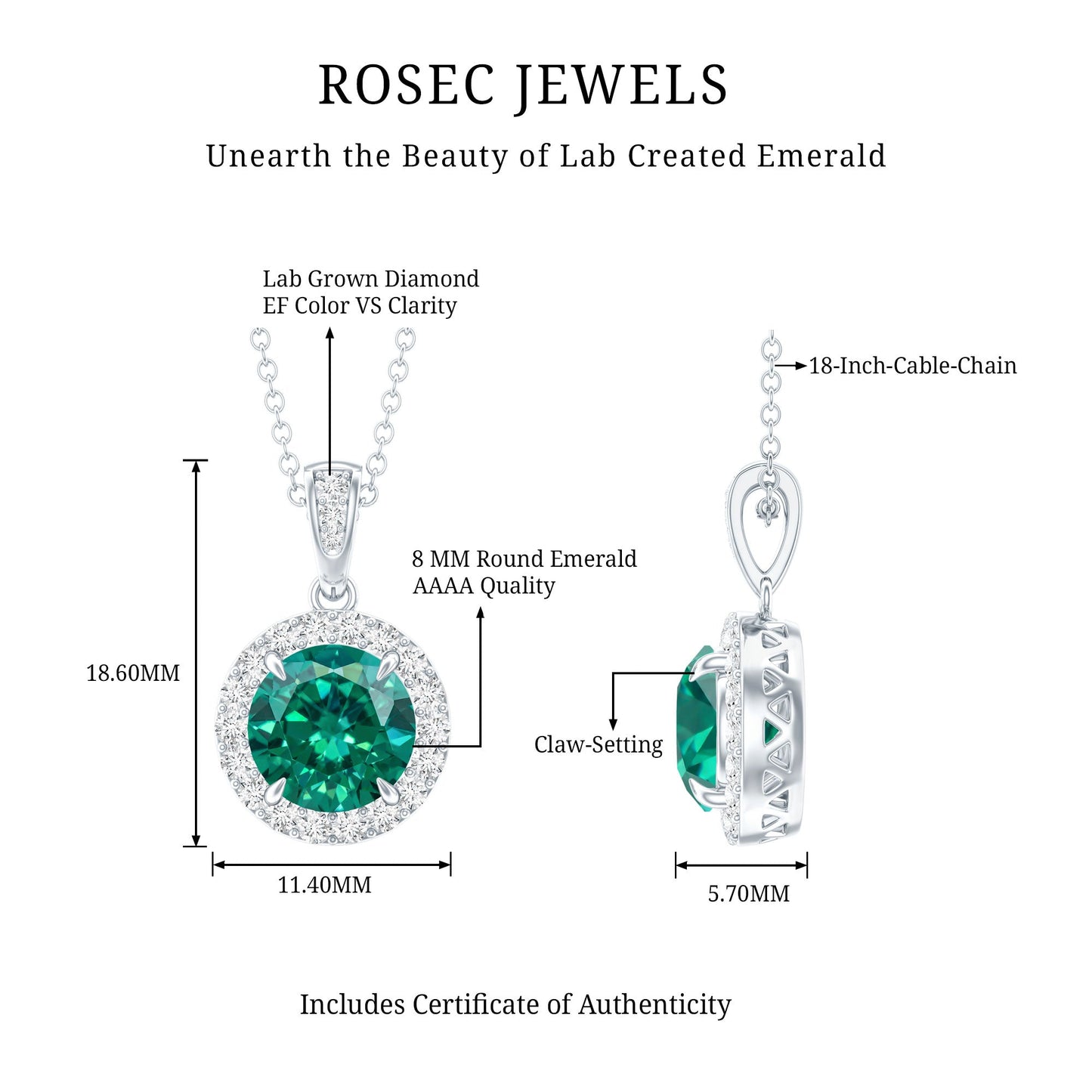 2 Carat Round Cut Lab Grown Emerald and Diamond Halo Necklace