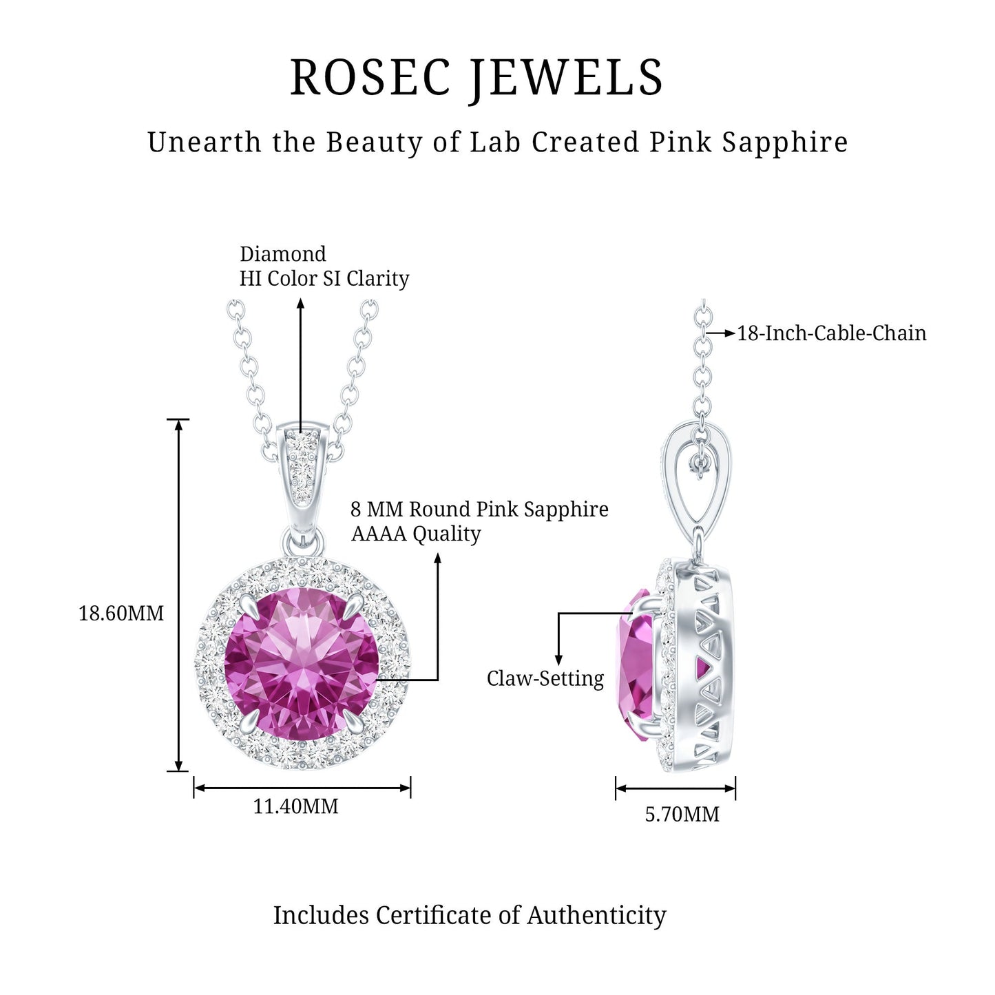 2.2 Carat Round Cut Lab Created Pink Sapphire and Diamond Necklace with Certificate