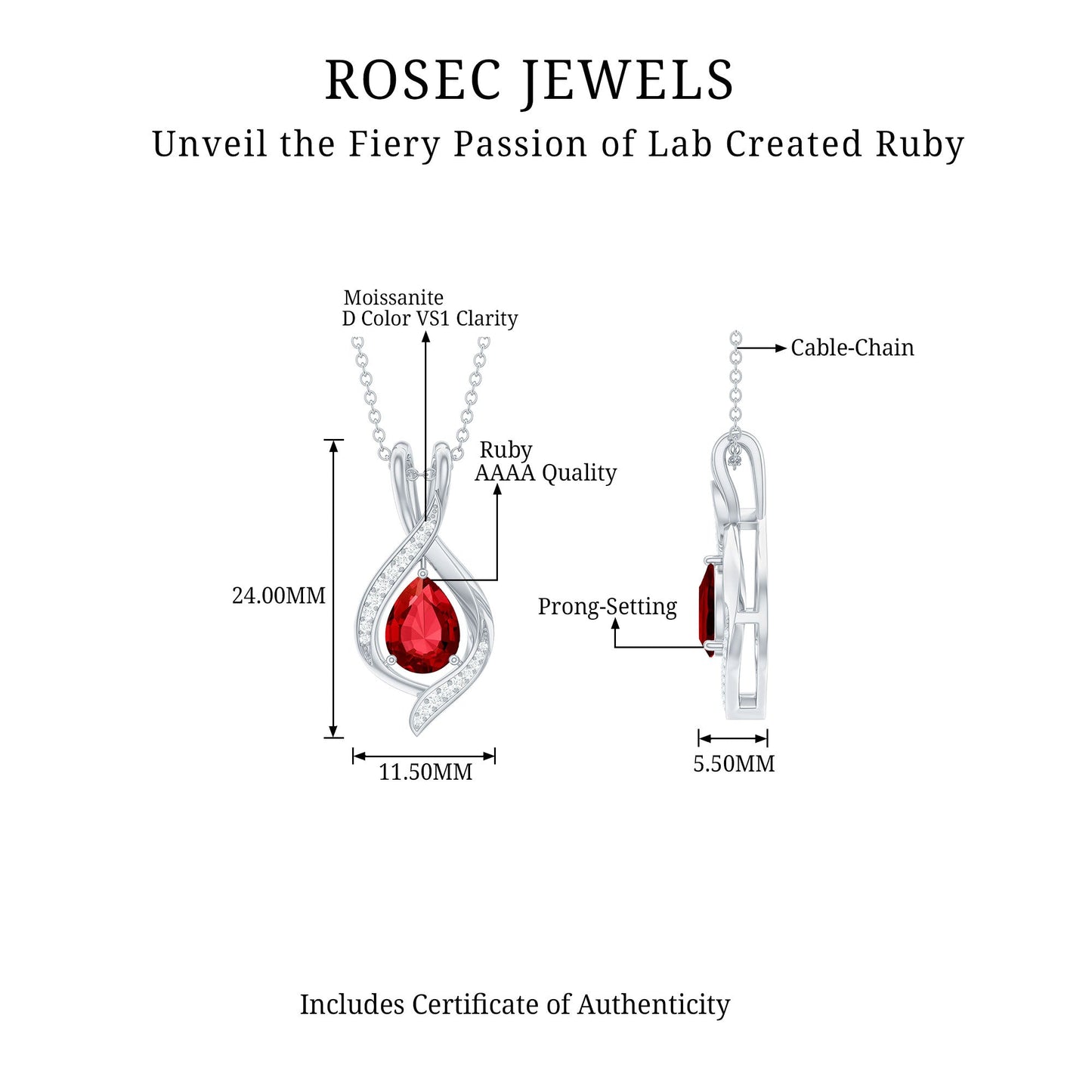 1 Carat Lab Created Ruby Teardrop Pendant with Moissanite