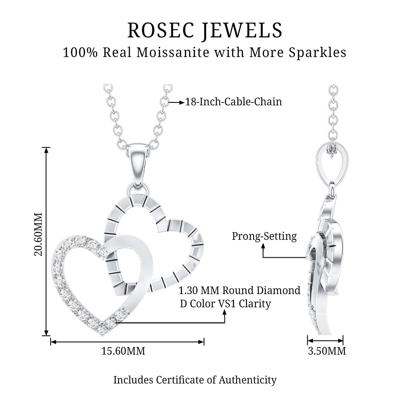 Certified Moissanite Twin Heart Pendant Necklace