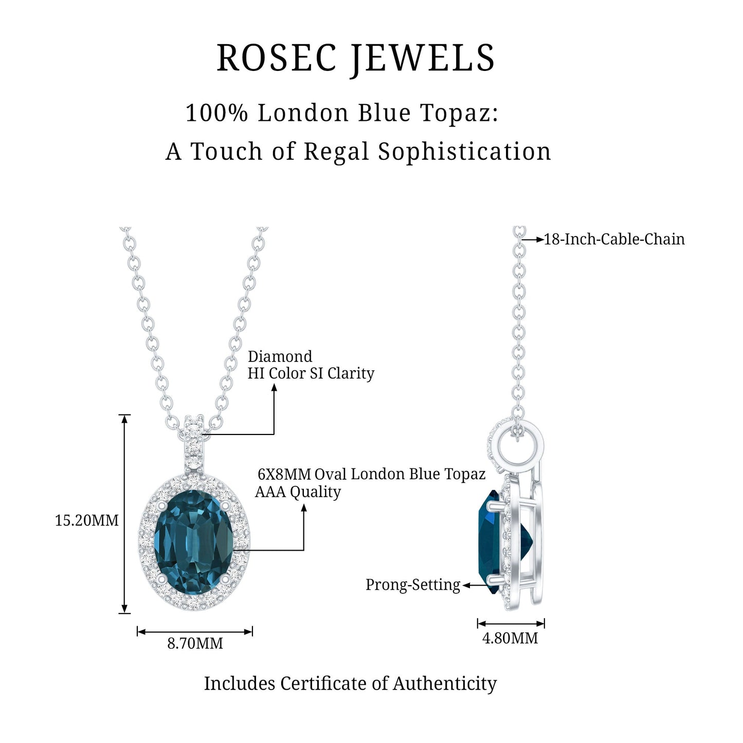 Genuine London Blue Topaz and Diamond Classic Necklace With Chain