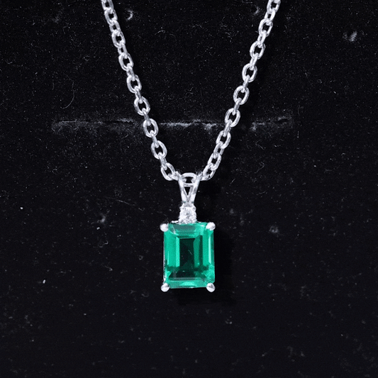 1.6 Carat Emerald Cut Lab Created Emerald Solitaire Necklace with Diamond