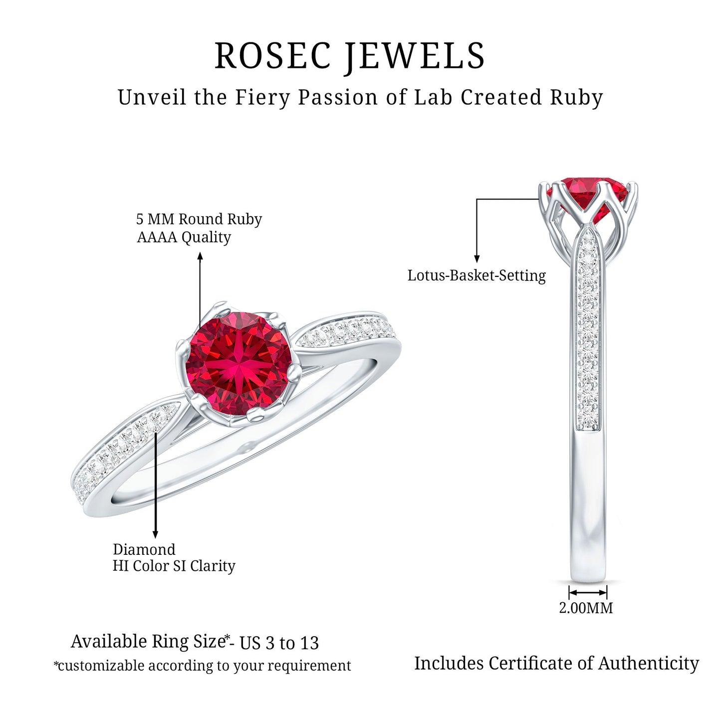 0.6 Carat Round Shape Lab Created Ruby Solitaire Engagement Ring with Diamond