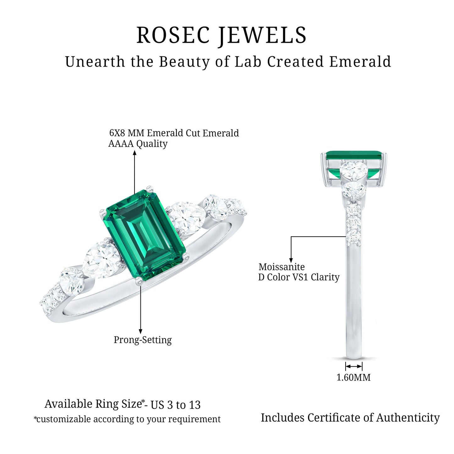 Certified Lab Grown Emerald Cut Emerald Engagement Ring with Side Stones