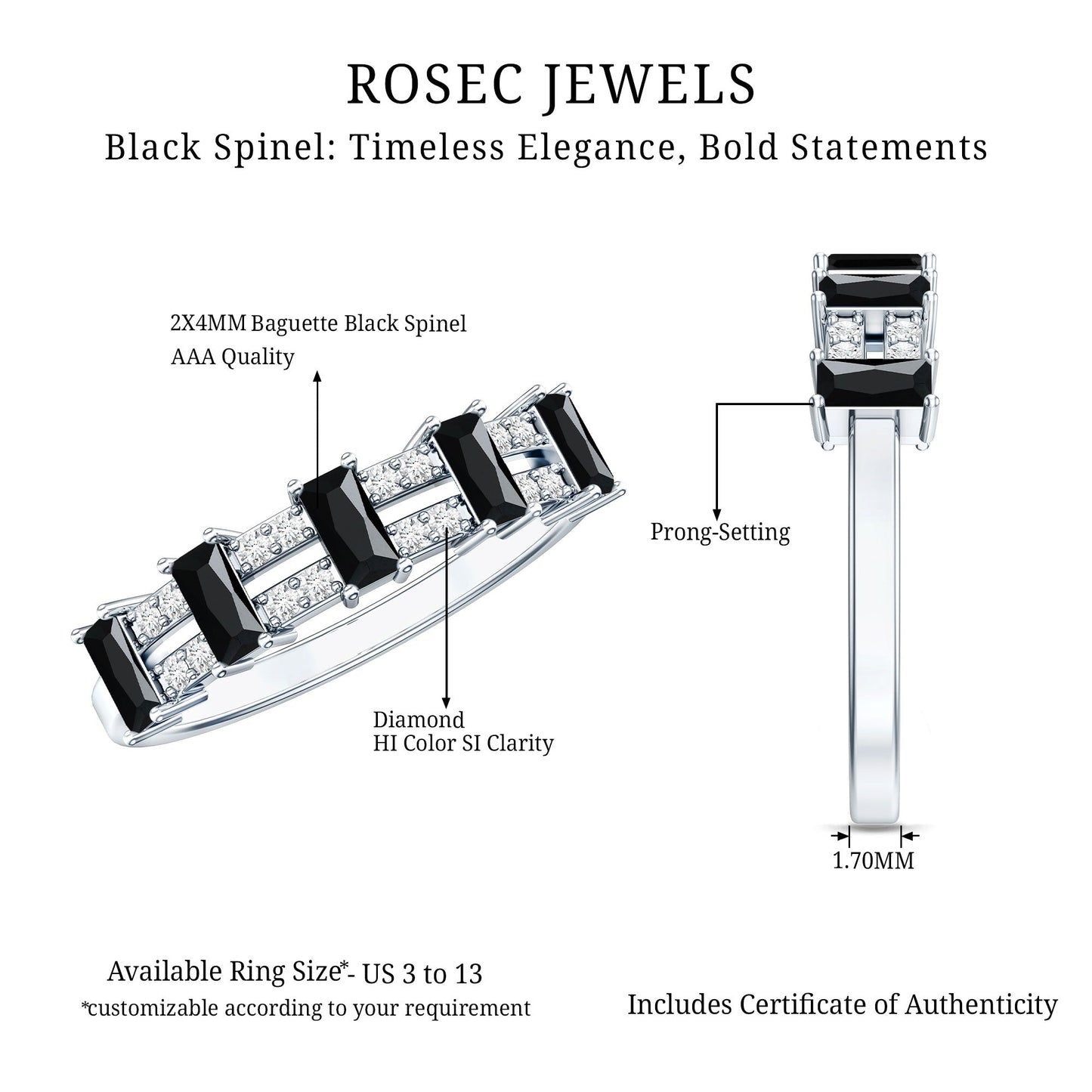 Real Black Spinel and Diamond Wide Band Ring