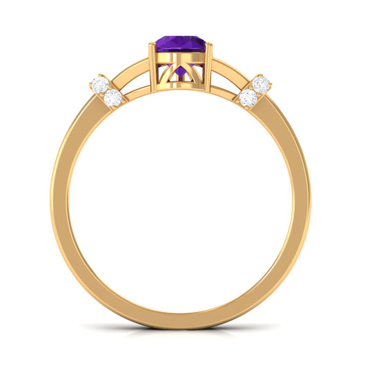 Pear Cut Amethyst Solitaire Ring with Diamond in Split Shank