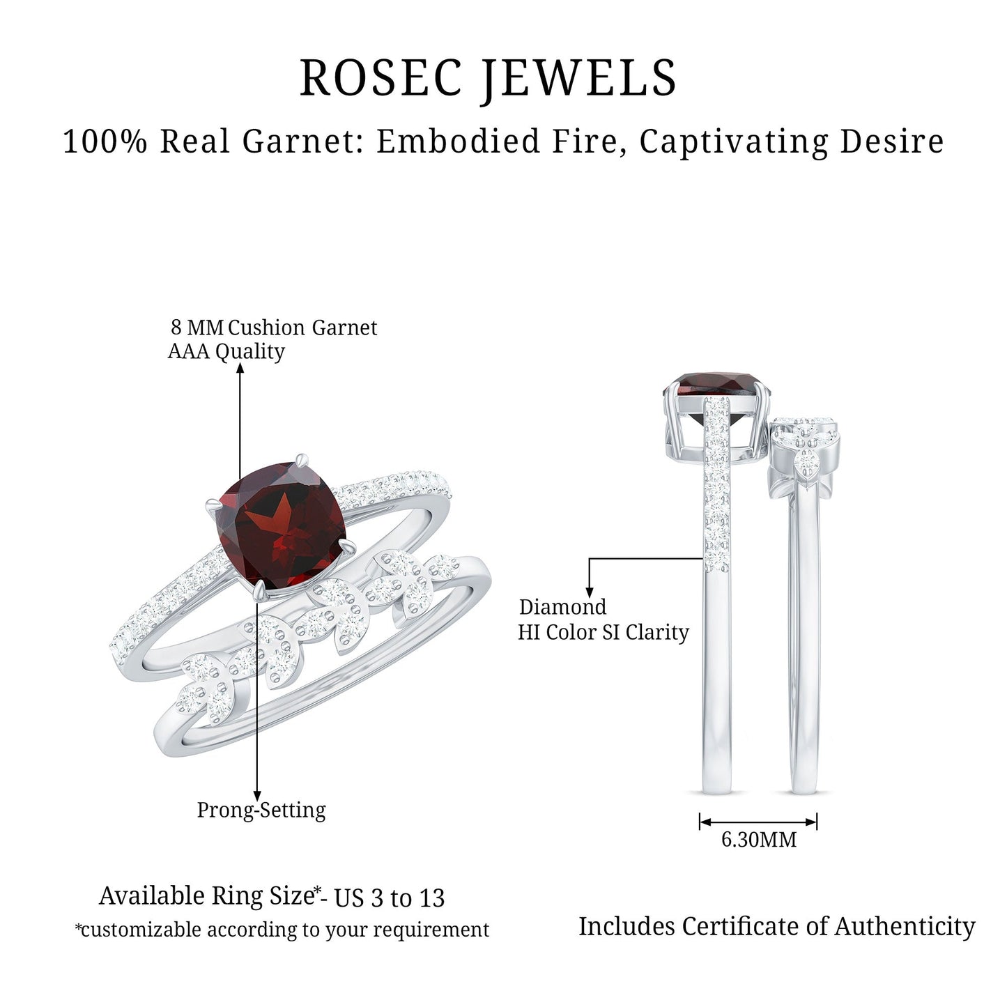 3.2 Carat Natural Cushion Cut Garnet Diamond Wedding Bridal Ring Set of 2