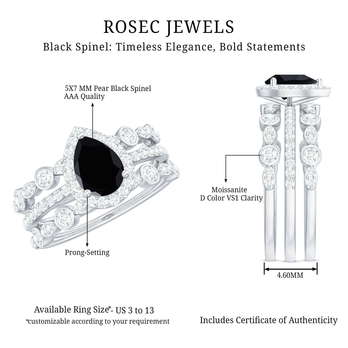 0.6 Carat Natural Pear Shape Black Spinel Moissanite Bridal Ring Set of 3