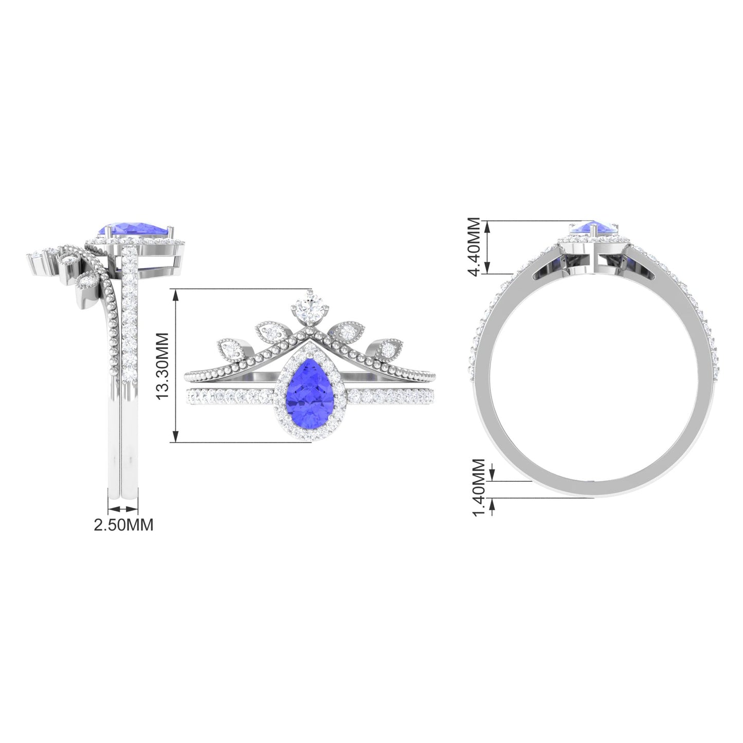 0.8 Carat Vintage Looking Tanzanite Diamond Wedding Bridal Ring Set of 2