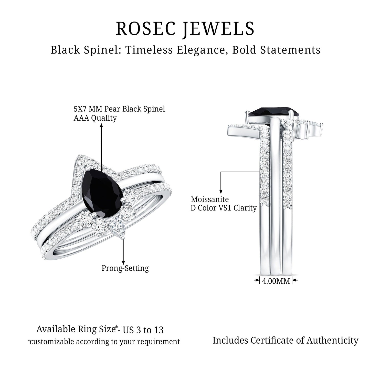 Certified 0.6 Carat Natural Black Spinel 3 Piece Wedding Ring Set with Moissanite