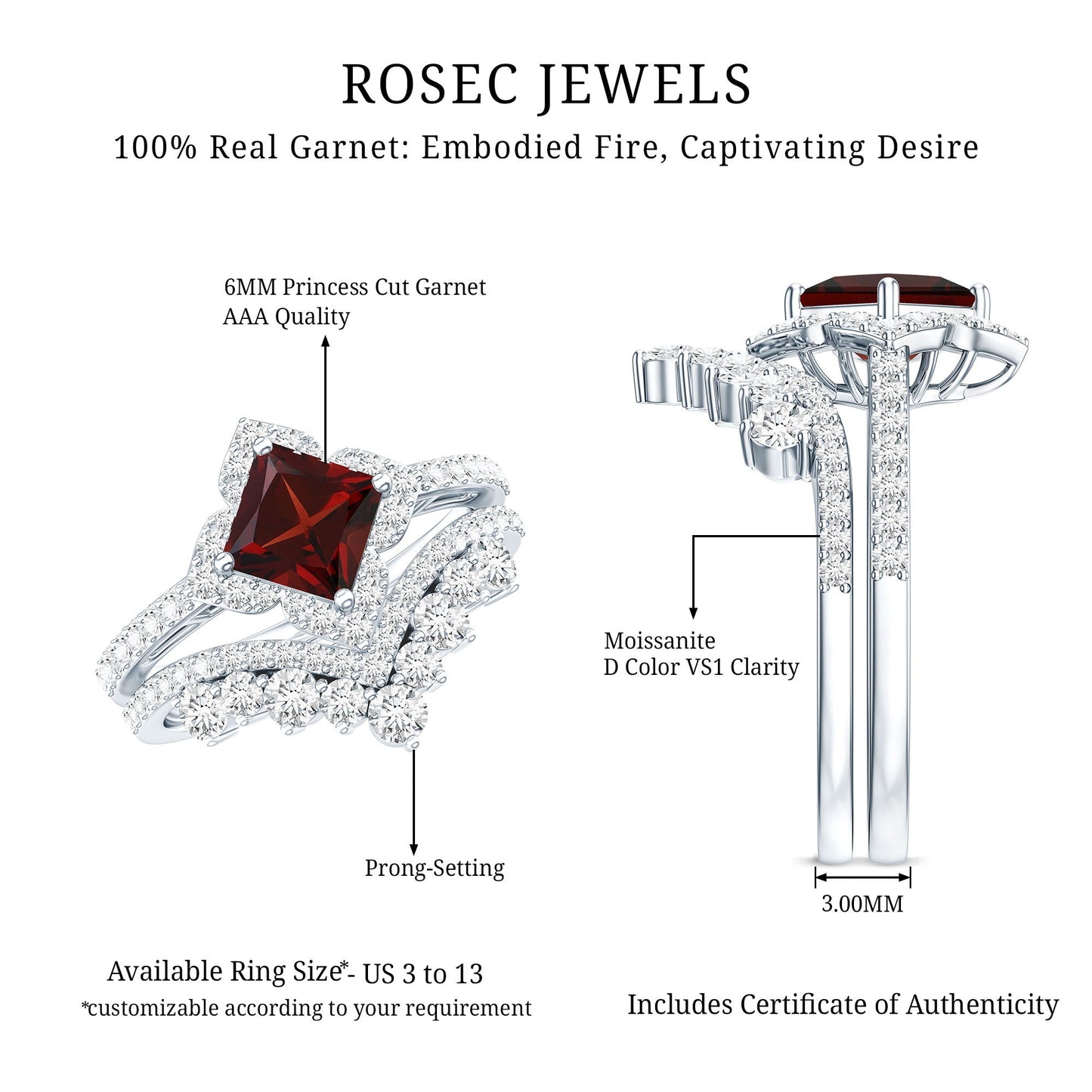 Princess Cut Garnet Designer Wedding Ring Set with Moissanite