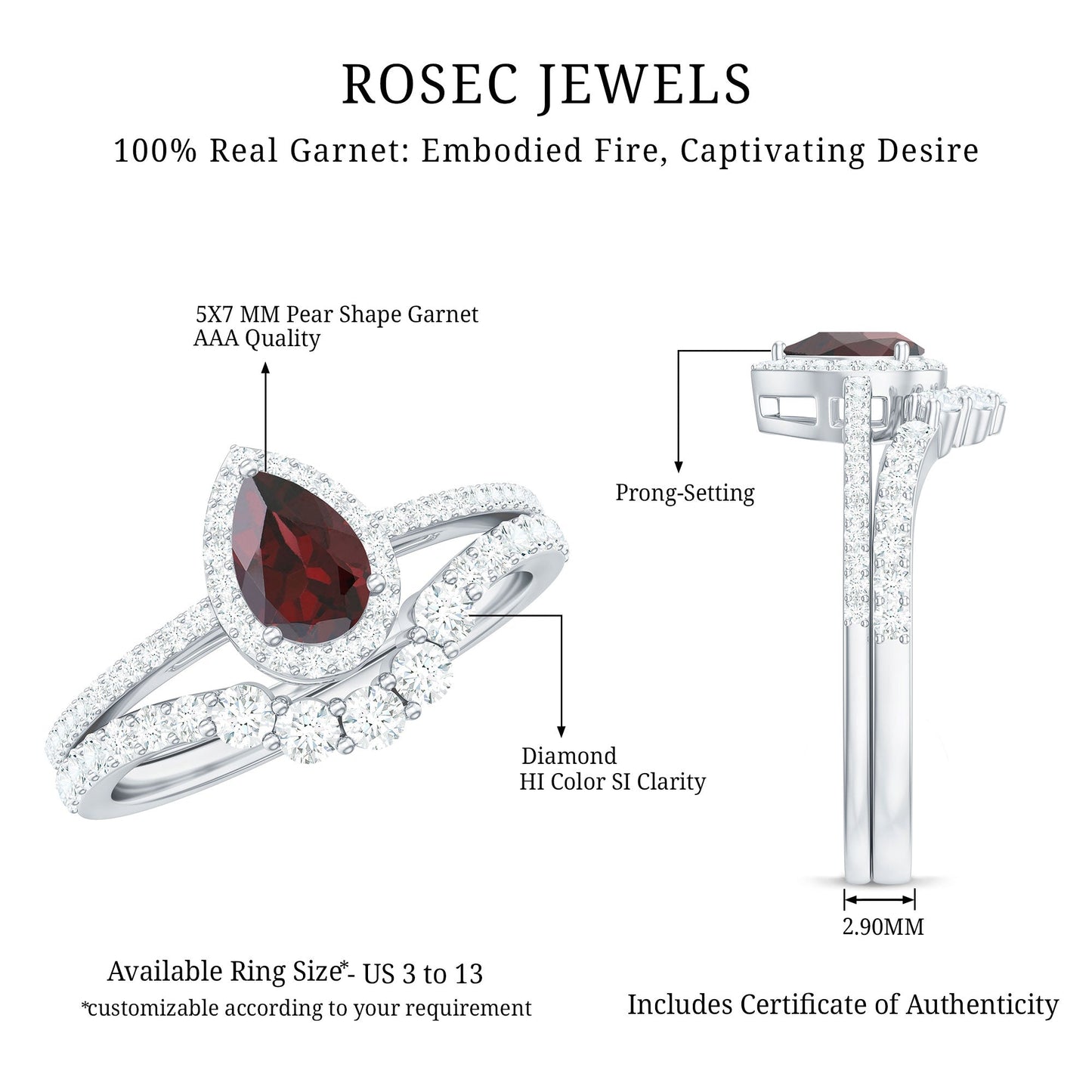 Natural 0.8 Carat Pear Shape Garnet Diamond Wedding Engagement Ring Set