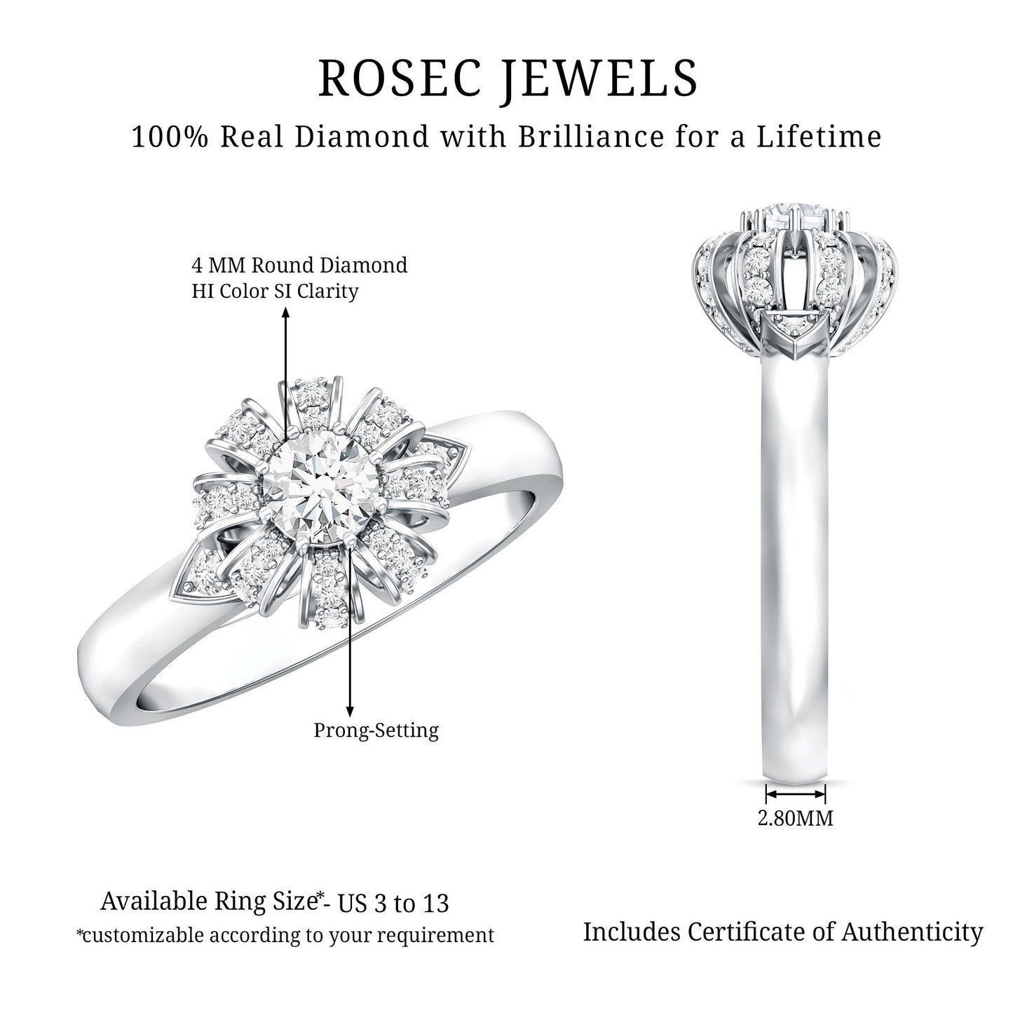Certified Real Diamond Flower Engagement Ring for Women