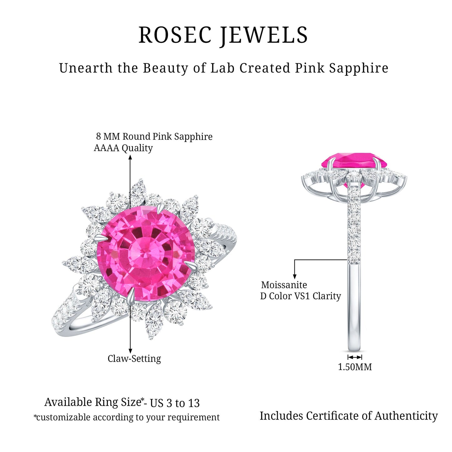 Created Pink Sapphire Cocktail Ring with Moissanite Floral Halo