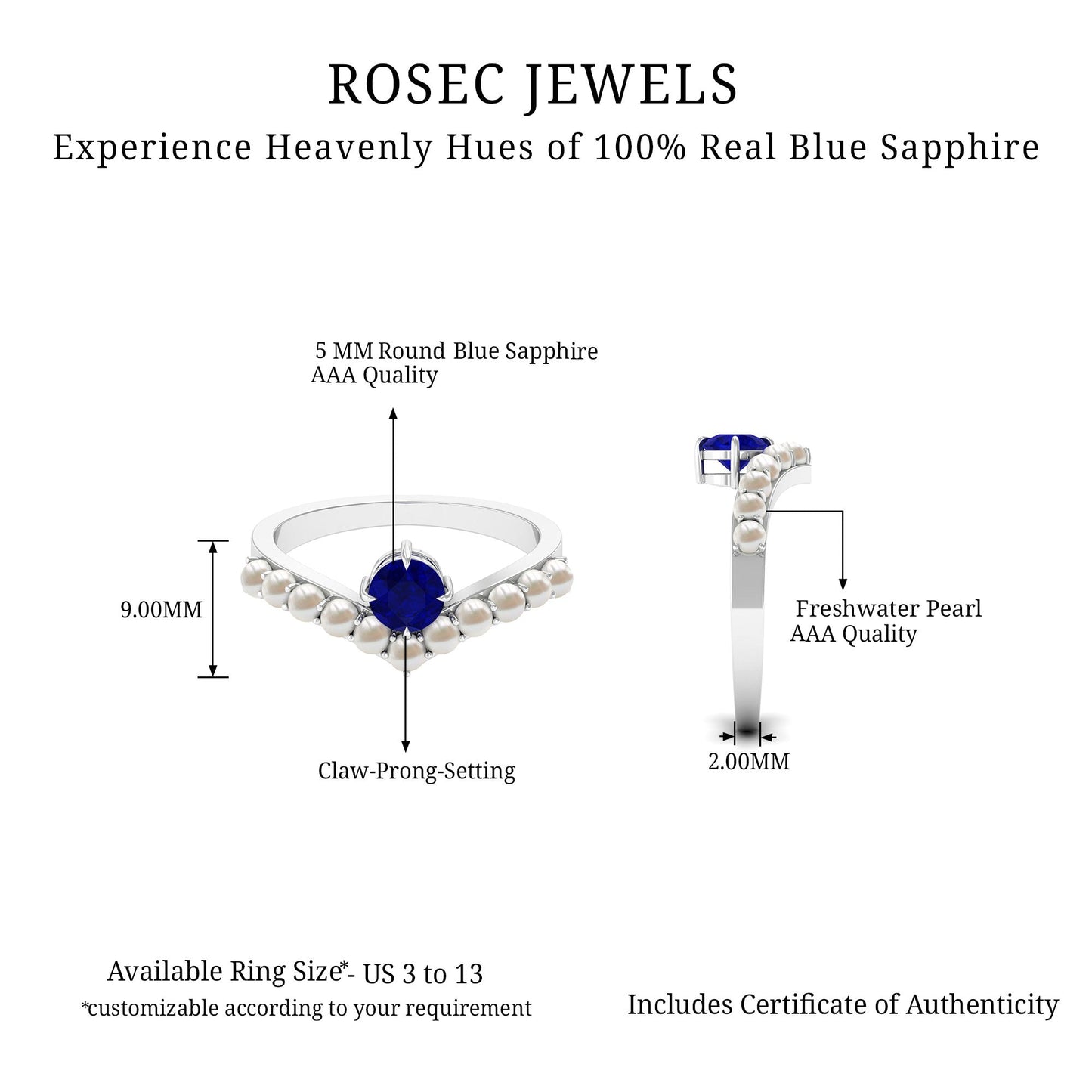 0.9 Carat Solitaire Blue Sapphire and Freshwater Pearl Chevron Ring