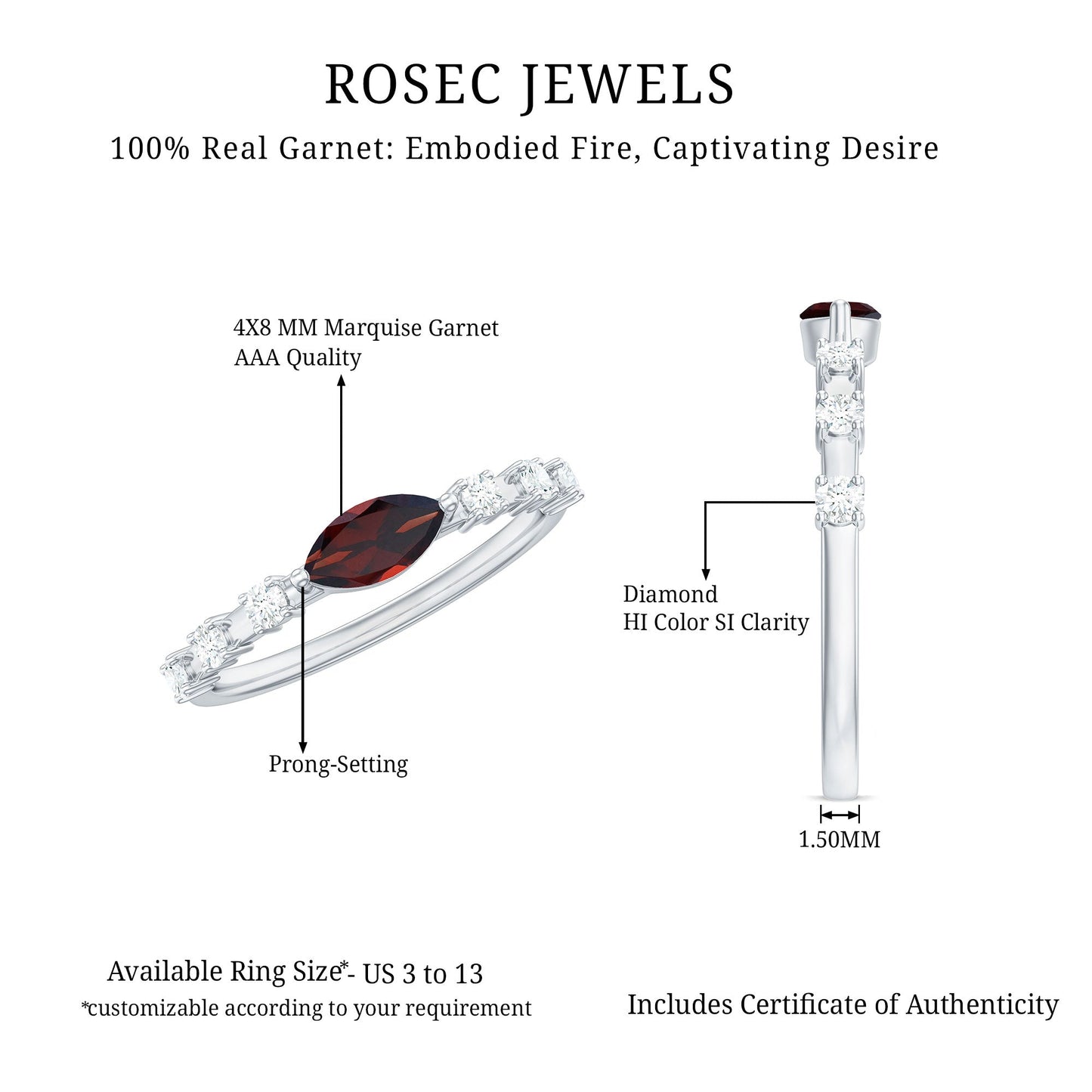 Natural Marquise Garnet Diamond Promise Ring in East West Style