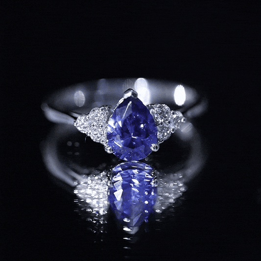 1.6 Carat Lab Blue Sapphire Teardrop Engagement Ring with Diamond Trio