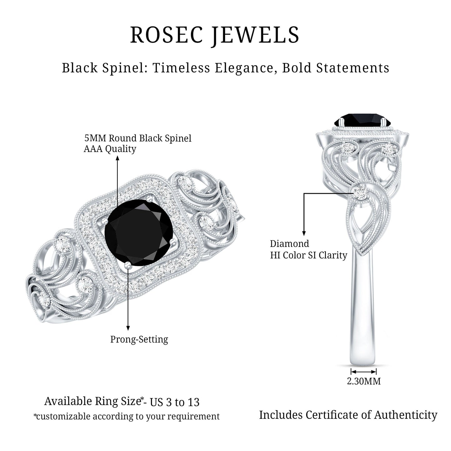 Natural Black Spinel Retro Engagement Ring with Diamond