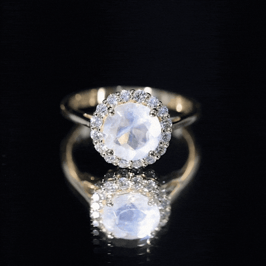 0.8 CT Round Moonstone Halo Engagement Ring with Diamond