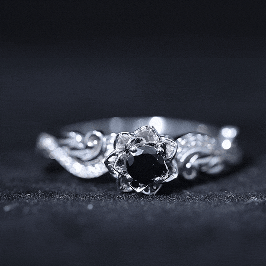Nature Inspired Black Onyx and Diamond Floral Engagement Ring