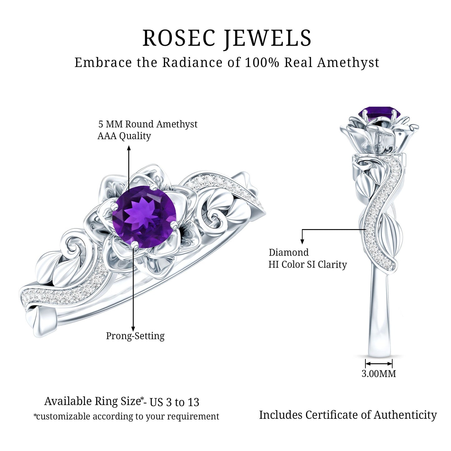 Real Amethyst Nature Inspired Engagement Ring With Diamond