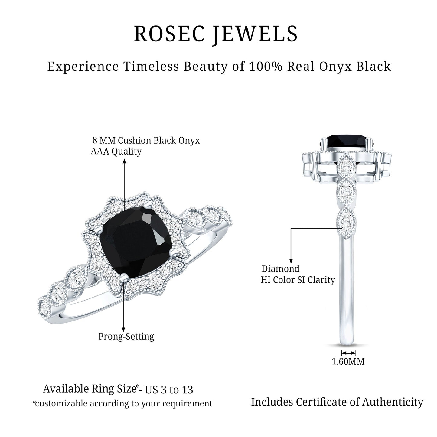 Vintage Inspired Black Onyx and Diamond Halo Engagement Ring