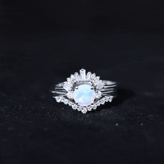 0.8 Carat Natural Ethiopian Rainbow Opal Diamond Wedding Bridal Ring Set of 3