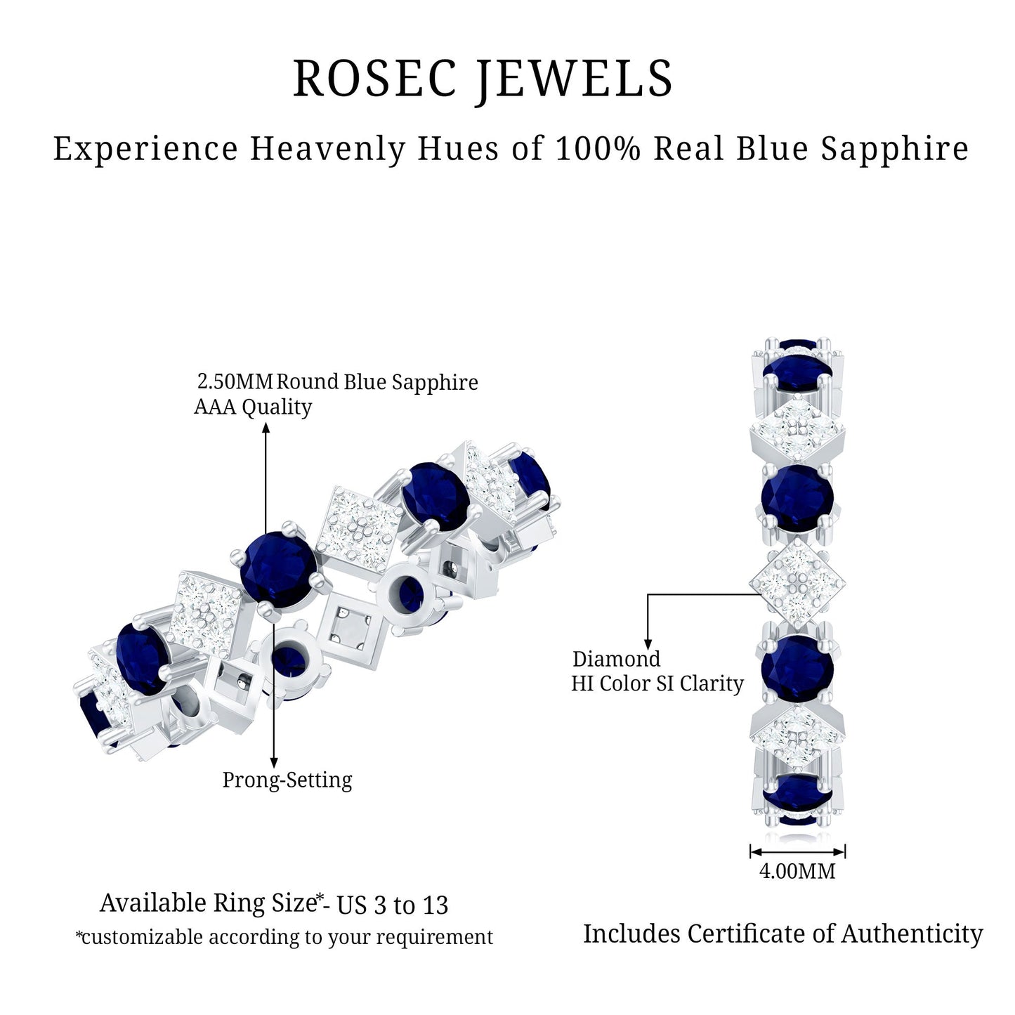 Natural Blue Sapphire and Diamond Eternity Band Ring