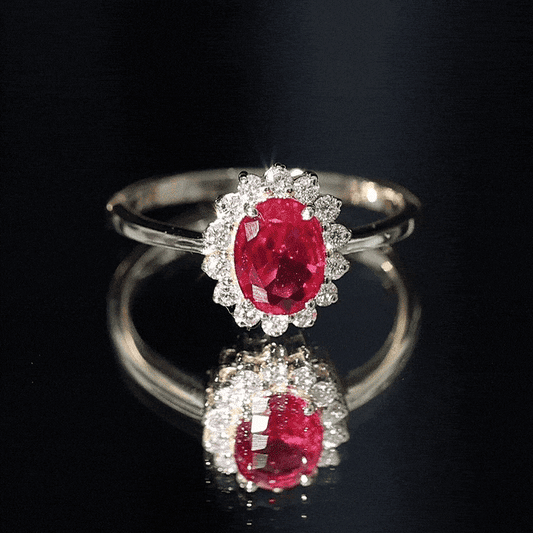 1.5 Carat Oval Shape Lab Grown Ruby and Diamond Halo Engagement Ring