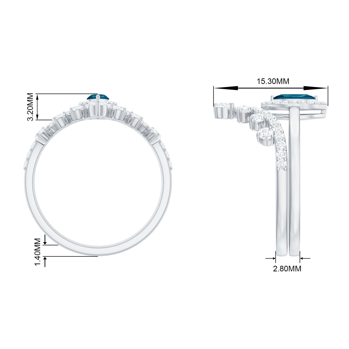 Marquise Cut London Blue Topaz Halo Wedding Ring Set with Diamond Band