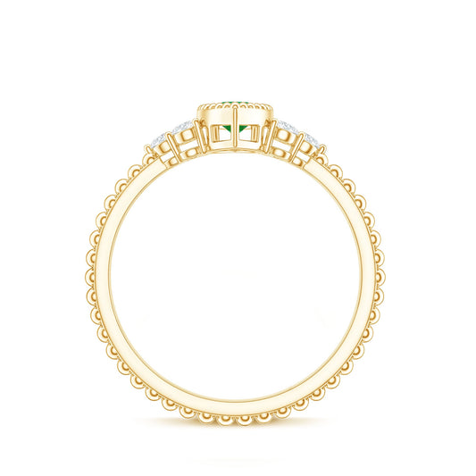 Vintage Inspired Emerald Promise Engagement Ring with Trio Diamond