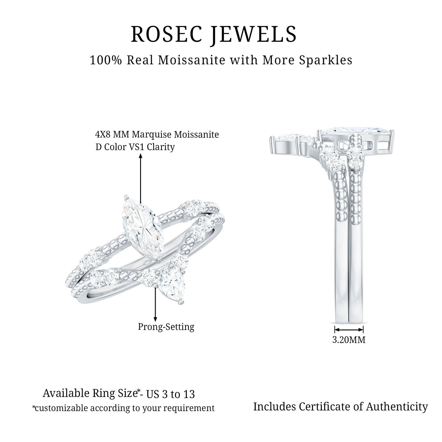 Marquise Cut Moissanite Wedding Ring Set with Beaded Detail
