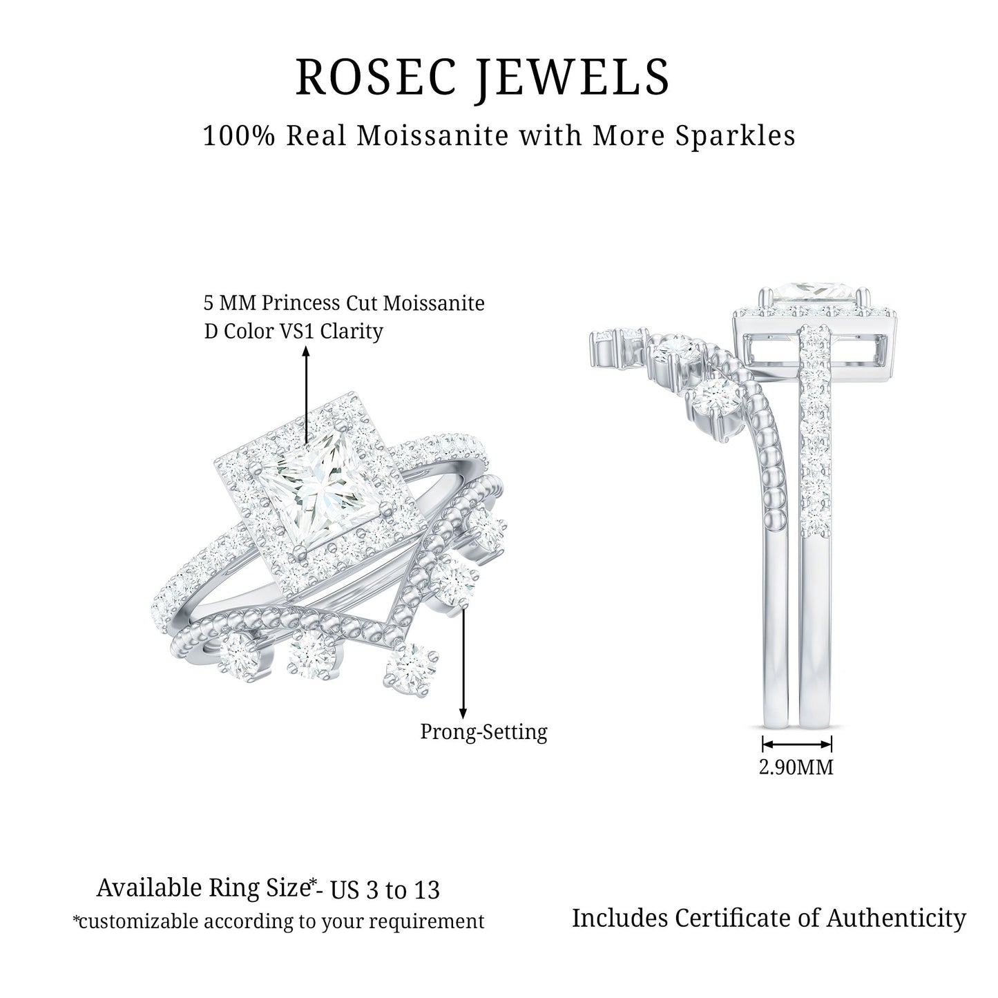 Princess Cut Moissanite Halo Wedding Ring Set with Certificate