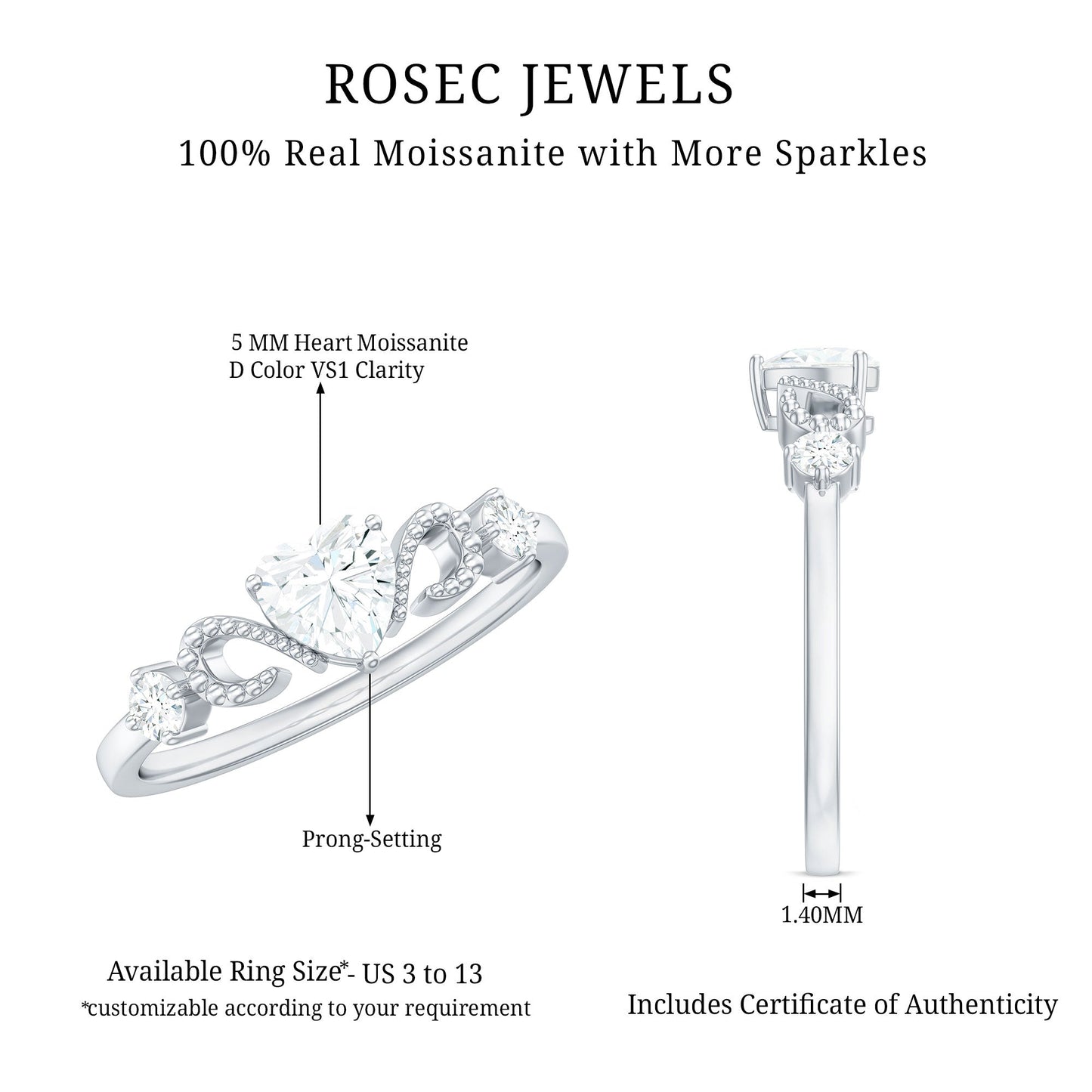 Certified Moissanite Heart Promise Ring with Beaded Detail