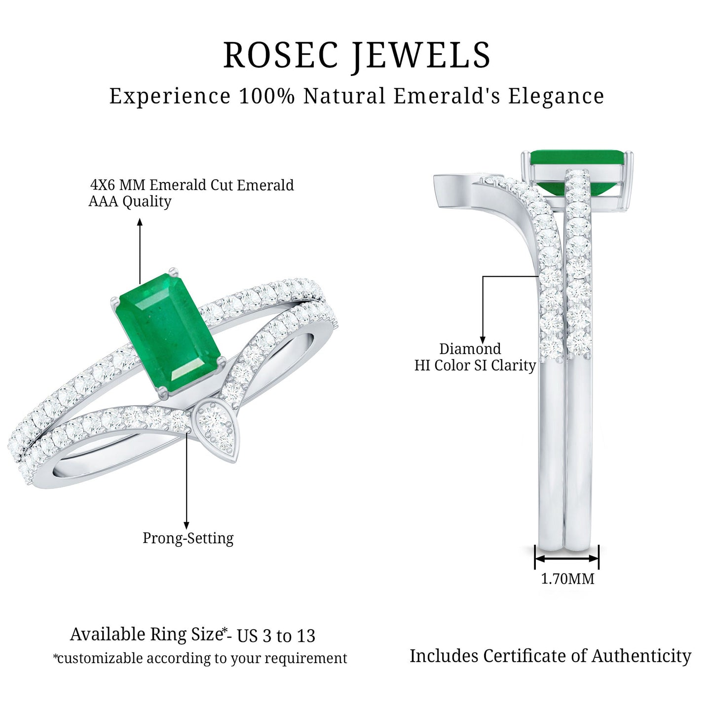 Certified Natural Emerald Diamond Emerald Cut Engagement Ring Wedding Band Set