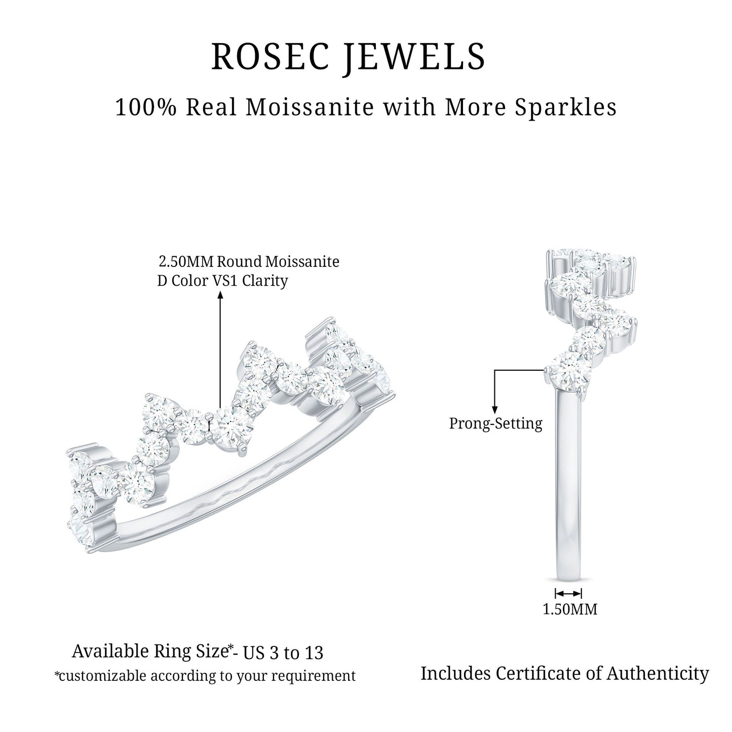 Zig Zag Style Moissanite Half Eternity Band Ring
