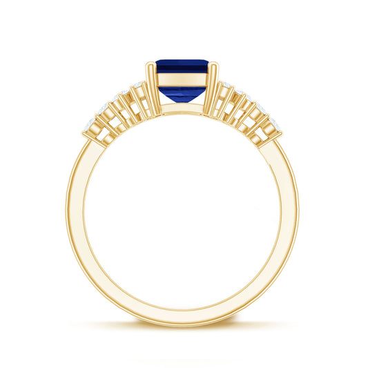 1.7 Carat Emerald Cut Lab Created Blue Sapphire Vintage Inspired Engagement Ring with Diamond