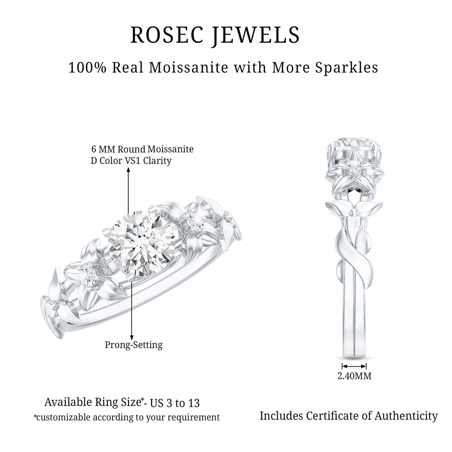 Round Cut 0.9 Carat Moissanite Floral Engagement Ring