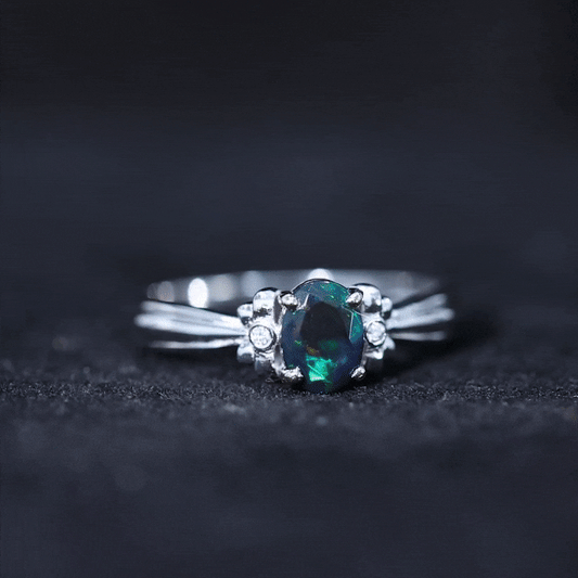 0.9 Carat Oval Cut Black Opal Solitaire Engagement Ring with Diamond