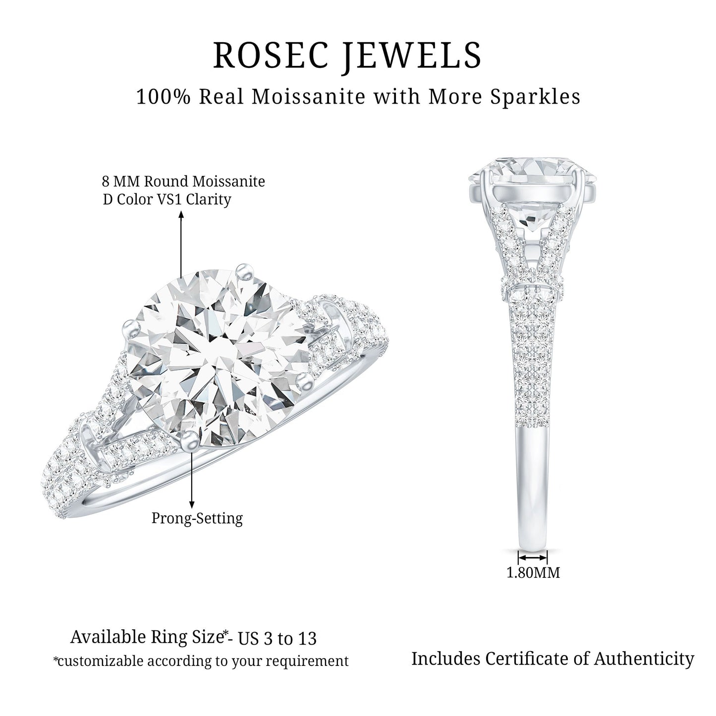 Round Shape Moissanite Solitaire Engagement Ring in Split Shank