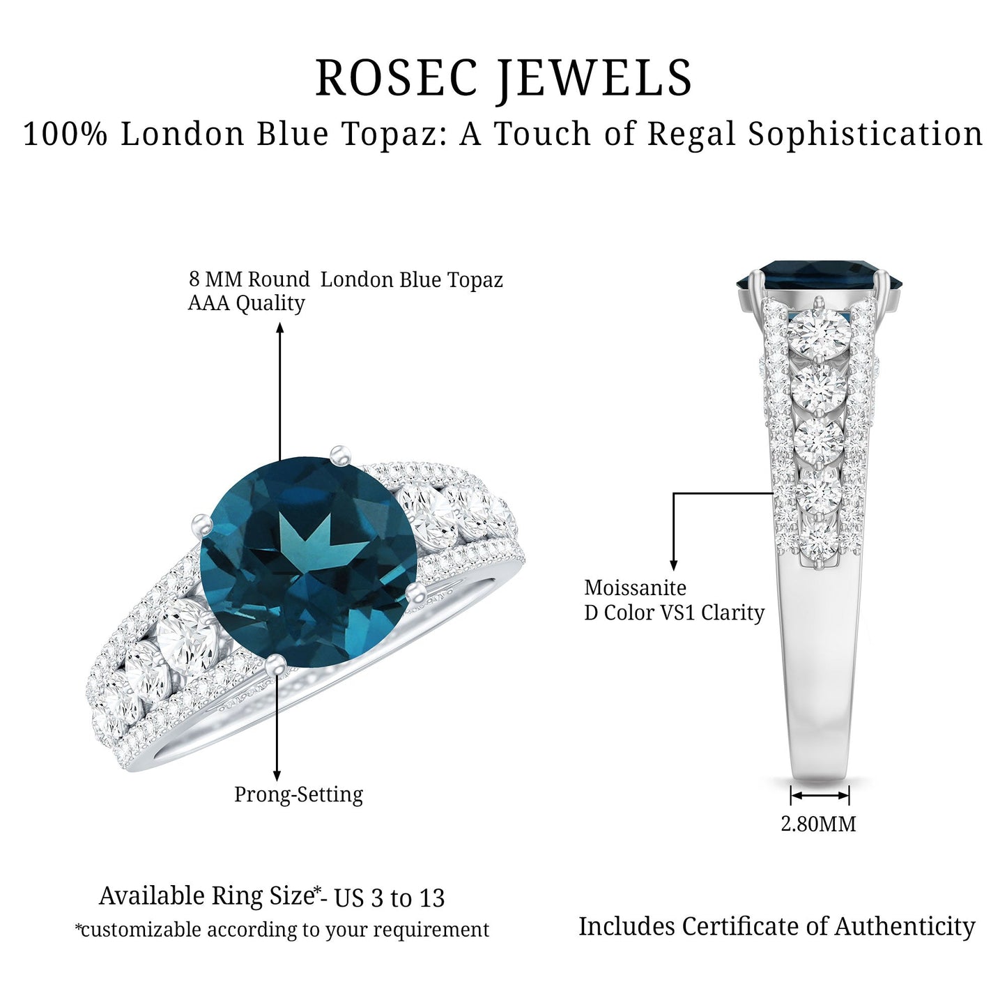 2 Carat London Blue Topaz Statement Engagement Ring with Side Stones
