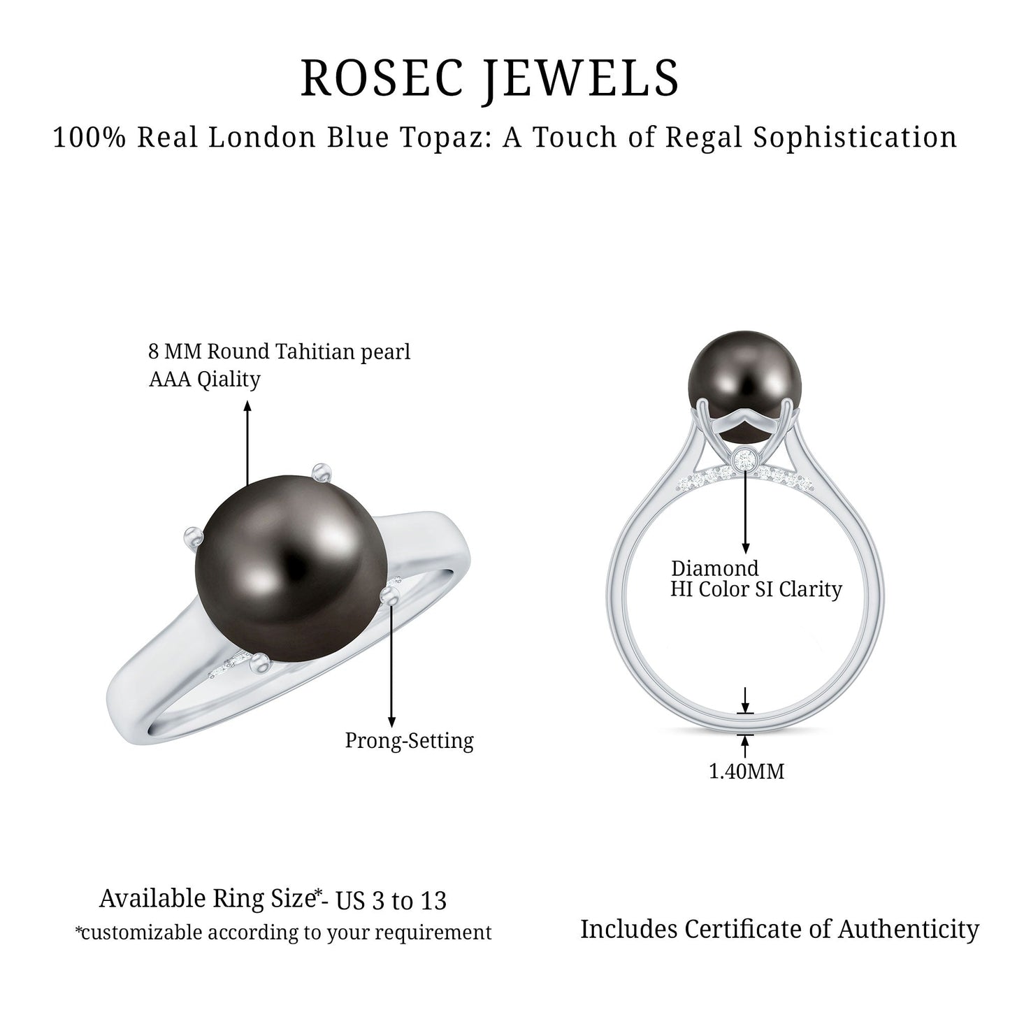 7.5 CT Classic Tahitian Pearl Solitaire Ring with Surprise Diamond