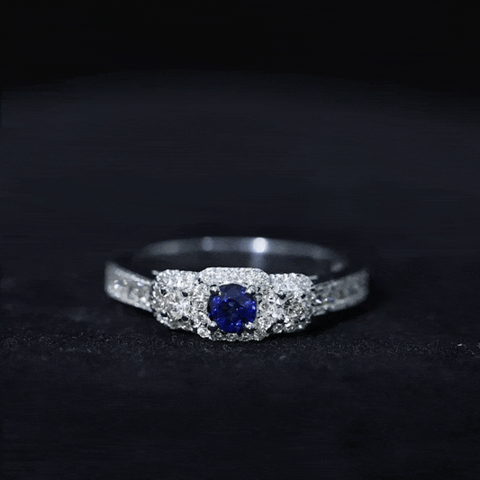 Vintage Inspired Blue Sapphire 3 Stone Engagement Ring with Diamond
