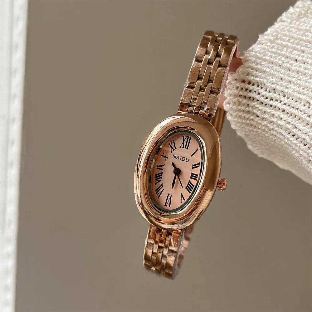 Hot Sale Fashion Watch for Women Mid Ancient Style Oval Dial Small Gold Watch Adjustable Steel Strap Quartz Wristwatch Wholesale