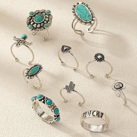 10pcs Trendy Western Style Rings Set for Women Men Vintage Turquoise Bull Head Lotus Sun Design Ring Daily Outfits Jewelry Gifts