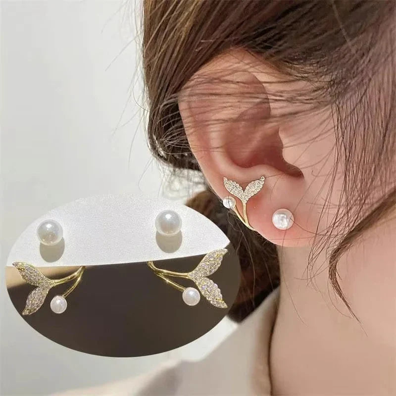 Korean Vintage Imitate Pearl Crystal Earrings for Women Jewelry High-class Luxury Zircon Flower Butterfly Leaf Stud Earrings