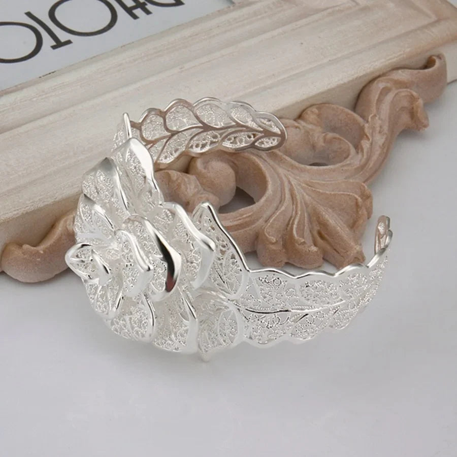 925 Sterling Silver jewelry bangle Hot engagement exquisite retro charm hollow big women lady flowers openings bracelet