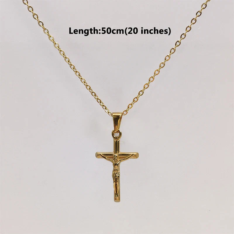 Jesus Cross 18k Gold Plated Stainless Steel Pendant Necklace For Men Unisex Religious Waterproof Jewelry Accessories