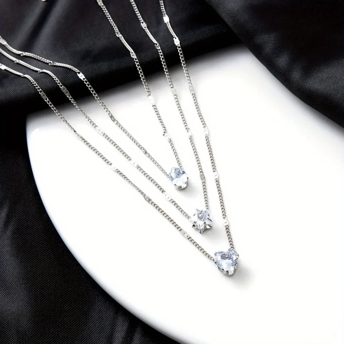 Multi-layer Five-pointed Star Heart Shape Water Drop Pendant Chain Necklace Alloy Material Glass Collarbone Chain Sexy Women New